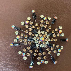 Stunning 3 Inch Starburst Brooch with Gold, Iridescent & Black Stones
